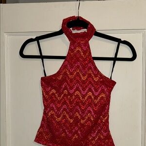 Vintage Frederick's of Hollywood Red and Orange Zigzag Halter Top.